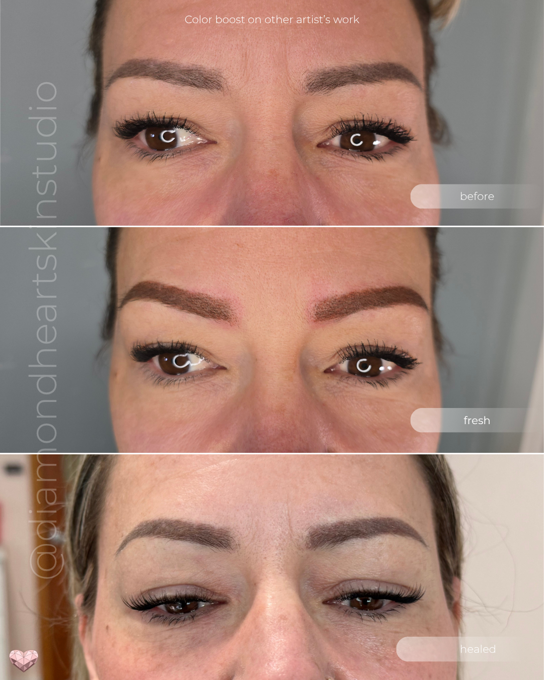 Before, fresh, and healed stages of eyebrow color boost over previous powder brow work.