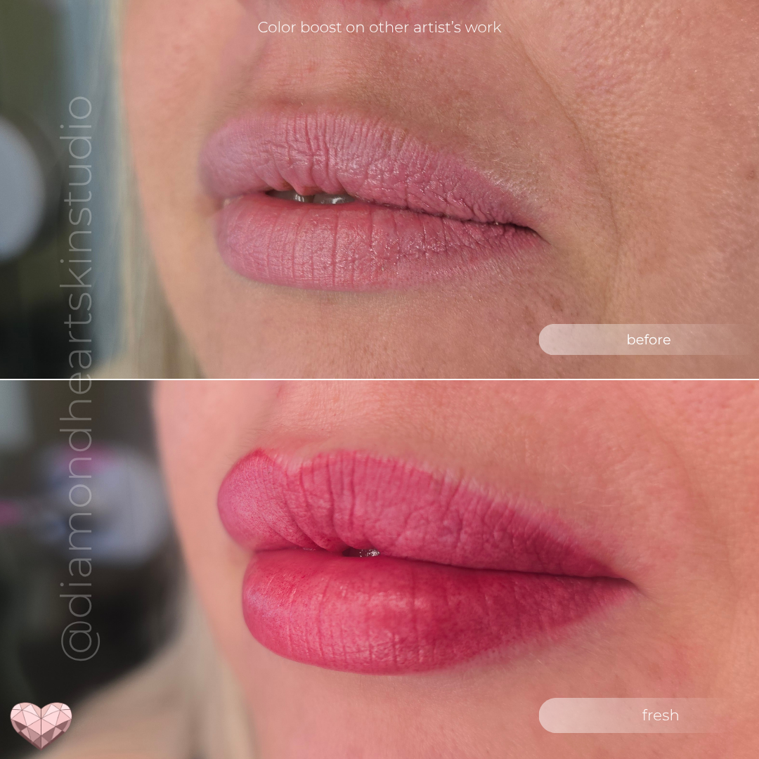 Side profile before and after color-boosting a previous lip blush tattoo.