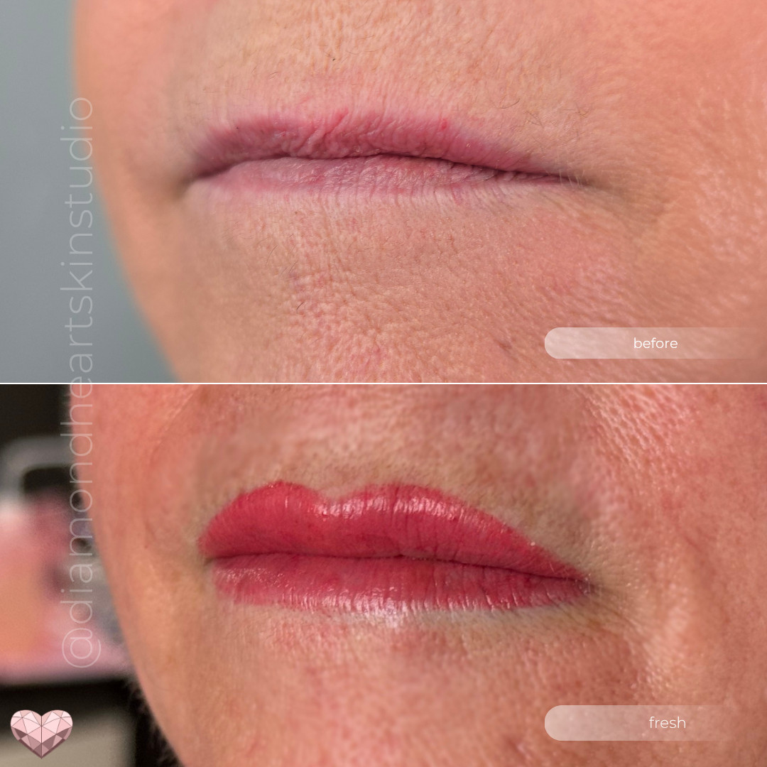 Close up of before and after lip tattoo on mature lips